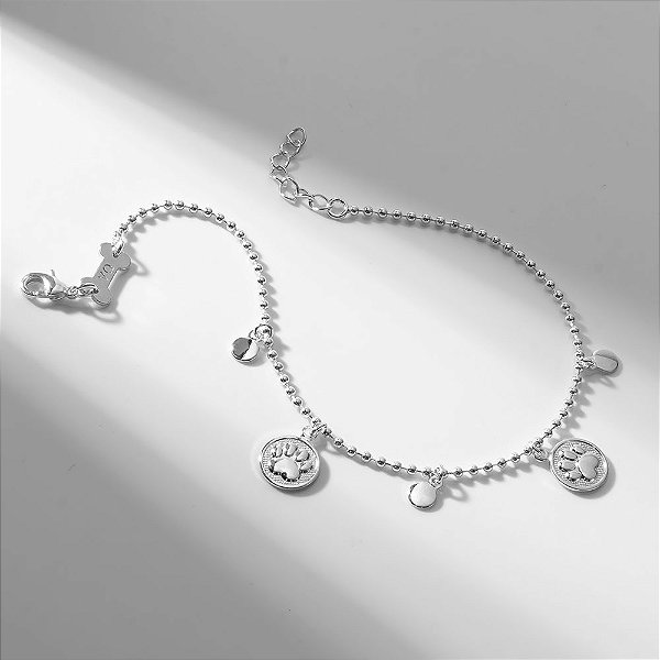 Pulseira Pet Mini Esferas e Patinha Banho de Ródio Branco