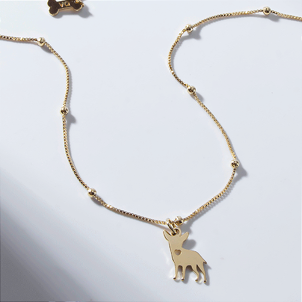 Colar Pet Pinscher Detalhe Coração Banho de Ouro 18k