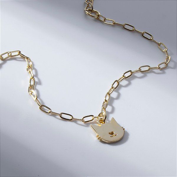 Pulseira Pet Pingente Gato Banho de Ouro 18k