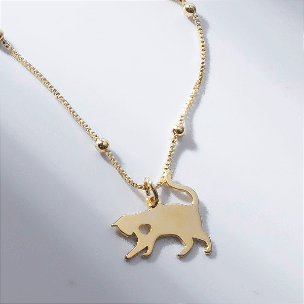 Colar Pet Gato Detalhe Coração Banho de Ouro 18k