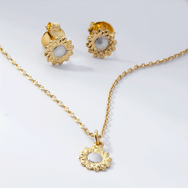 Conjunto Margaridas Aplique em Ródio Banho de Ouro 18k