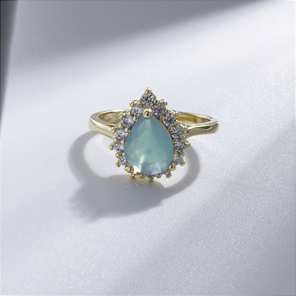 Anel Solitário Zircônias Gota Verde Claro Banho de Ouro 18k