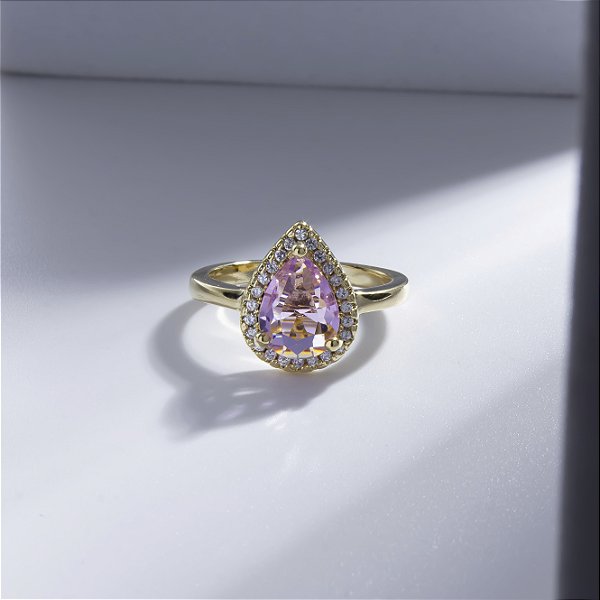 Anel Solitário Gota Rosa Banho de Ouro 18k