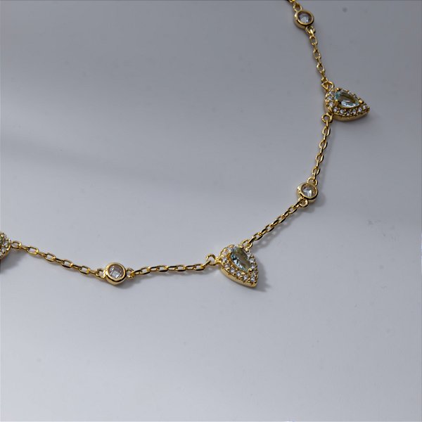 Colar Gotas Zircônias Azul Banho de Ouro 18k