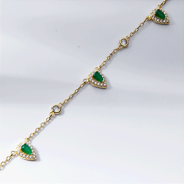 Colar Gotas Zircônias Esmeralda Banho de Ouro 18k