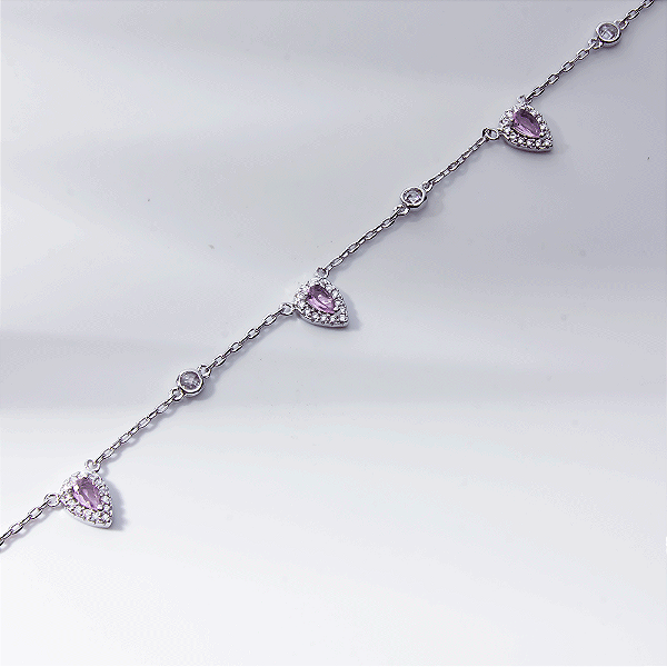 Colar Gotas Zircônias Rosa Banho de Ródio Branco