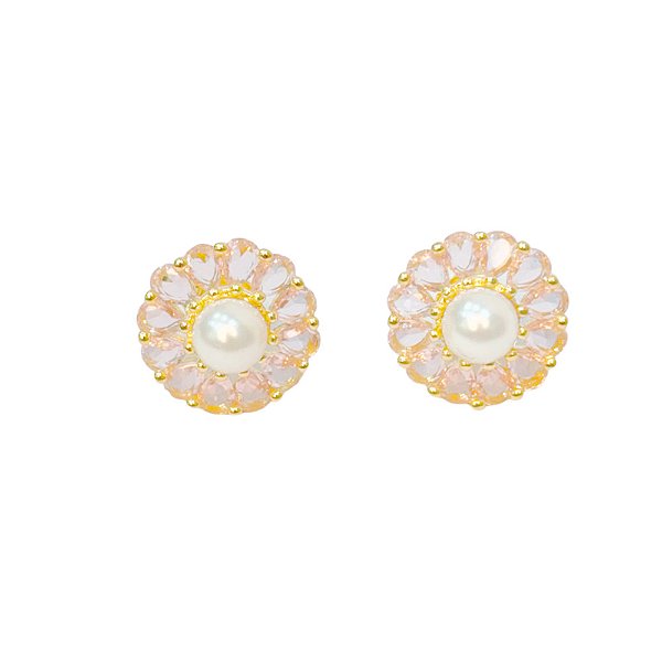 Brinco Pérola Flor Zircônias Rosa Banho de Ouro 18k