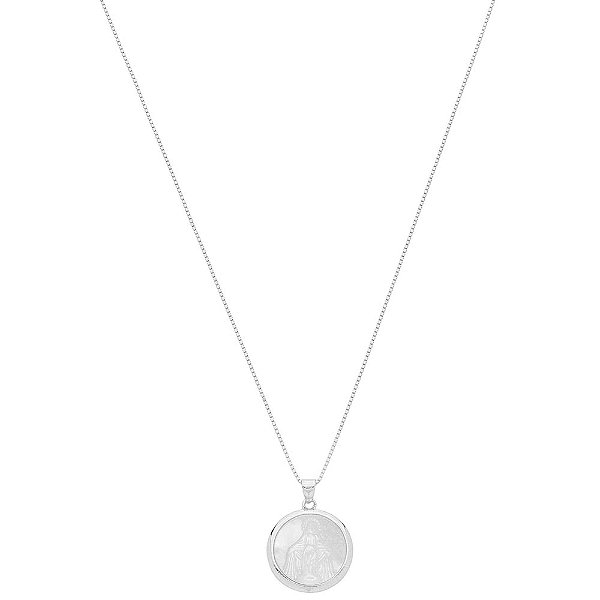 Colar Curto Nossa Senhora das Graças Madrepérola Banho de Ródio Branco