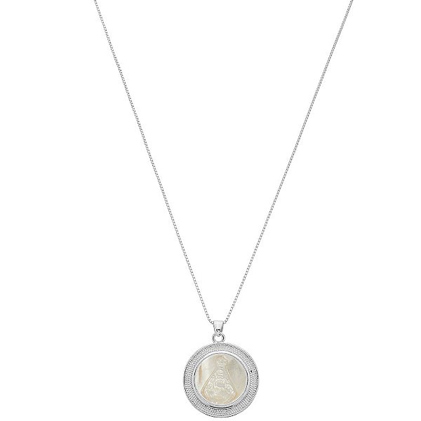 Colar Curto Nossa Senhora Aparecida Madrepérola Banho de Ródio Branco