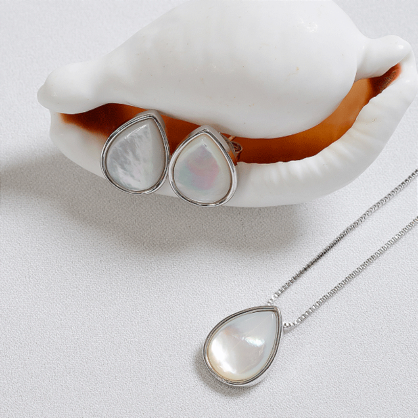 Conjunto Mira Orgânico Gota Madrepérola Banho de Ródio Branco