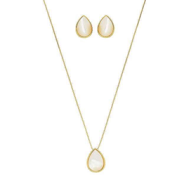Conjunto Mira Gota Madrepérola Banho de Ouro 18k