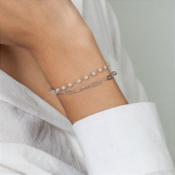 Pulseira Dupla Pérolas e Elos Banho de Ródio Branco