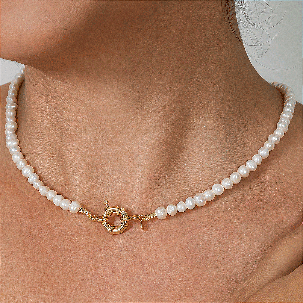 Colar Mira Pérolas Água Doce Banho de Ouro 18k