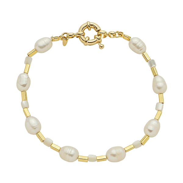 Pulseira Mira Pérolas Água Doce e Canutinhos Banho de Ouro 18k