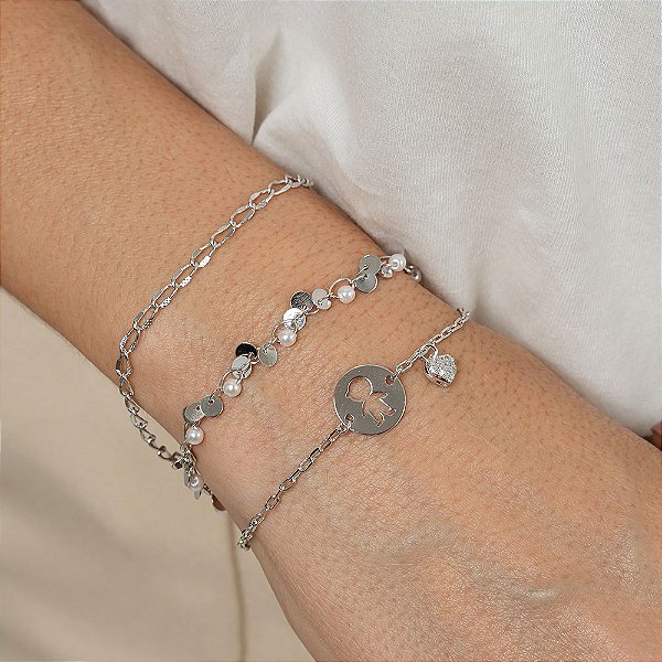 Pulseira Elos Menino Coração Zircônias Banho de Ródio Branco