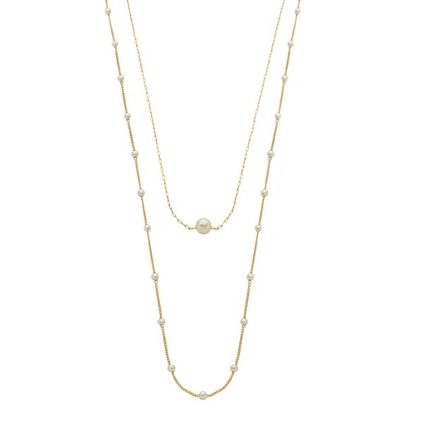 Colar Mira Duplo Pérolas Banho de Ouro 18k