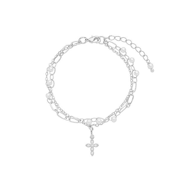 Pulseira Mira Dupla Pérolas e Cruz Banho de Ródio Branco
