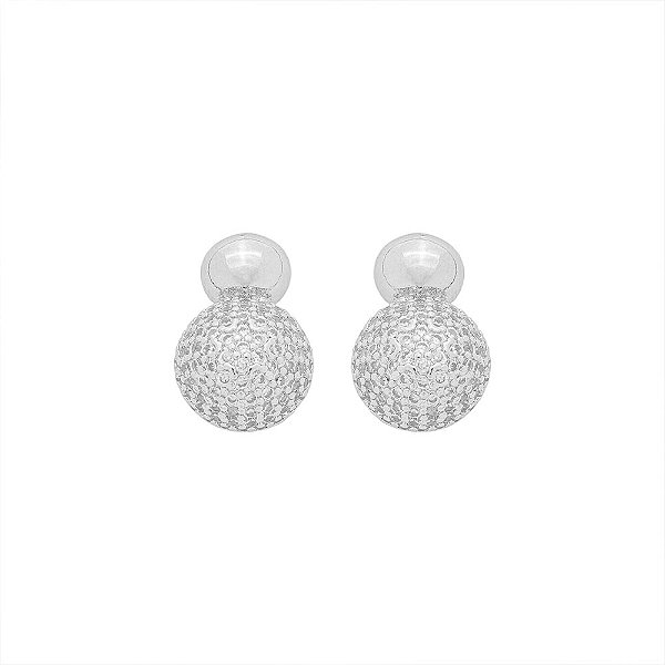 Brinco Esferas Zircônias Banho de Ródio Branco