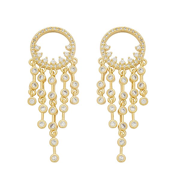 Brinco Círculo Cravejado Penduricalhos Incolor Banho de Ouro 18k
