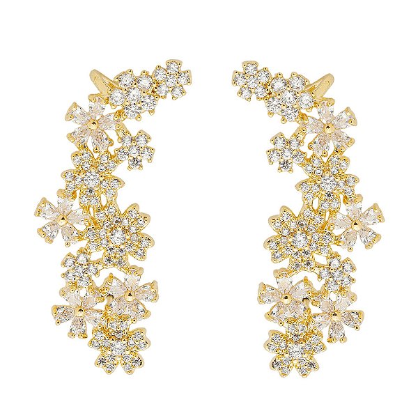 Brinco Ear Cuff Flores Zircônias Banho de Ouro 18k
