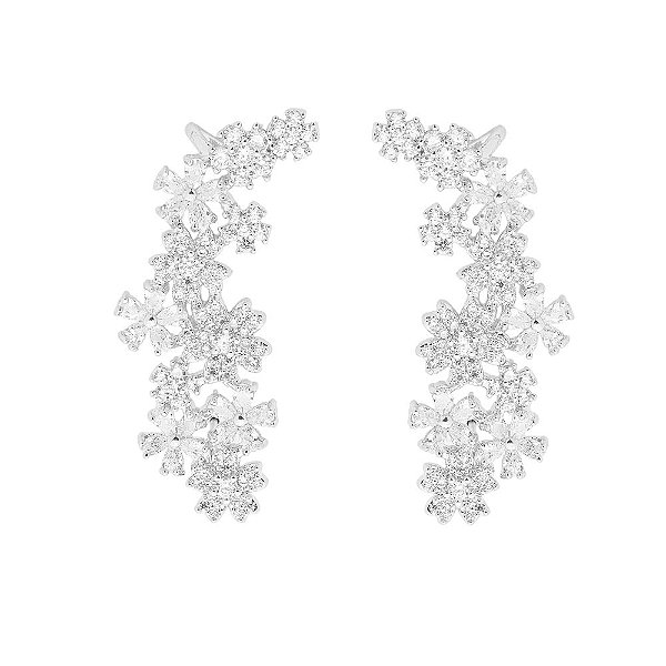 Brinco Ear Cuff Flores Zircônias Banho de Ródio Branco