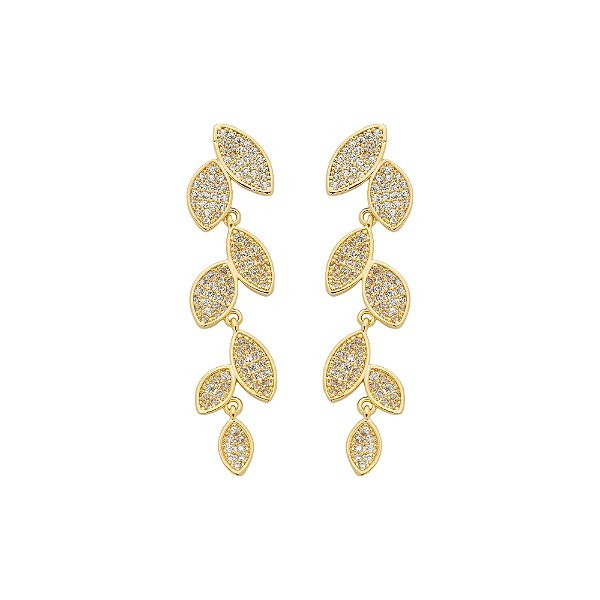 Brinco Médio Folhas Zircônias Banho de Ouro 18k