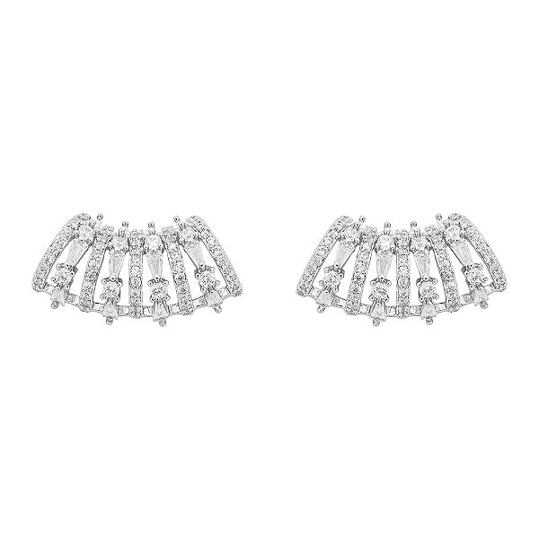 Brinco Curvado Baguettes Incolor Banho de Ródio Branco