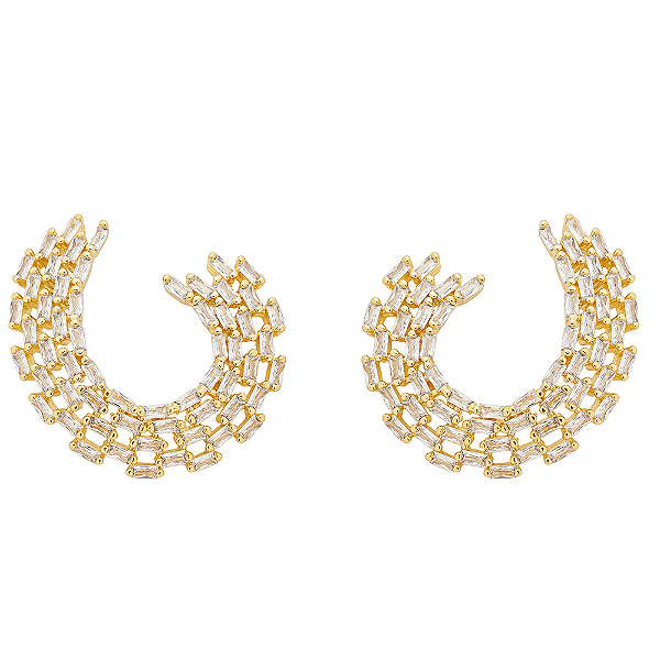 Brinco Curvado Glow Baguettes Incolor Banho de Ouro 18k