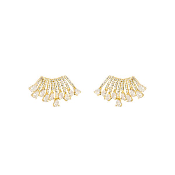 Brinco Ear Cuff Cravejado Gotas Incolor Banho de Ouro 18k