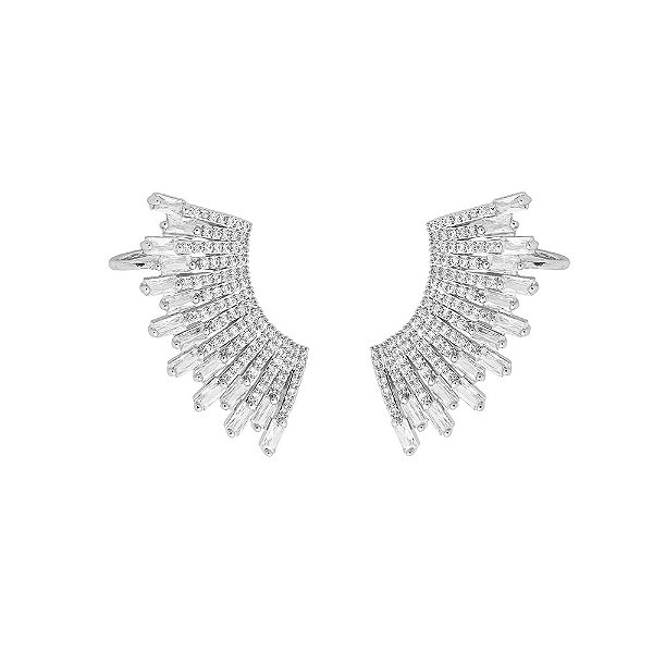 Brinco Ear Cuff Leque Zircônias Baguettes Incolor Banho de Ródio Branco