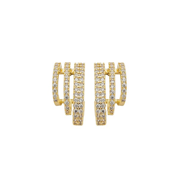 Argola Três Linhas Zircônias Incolor Banho de Ouro 18k