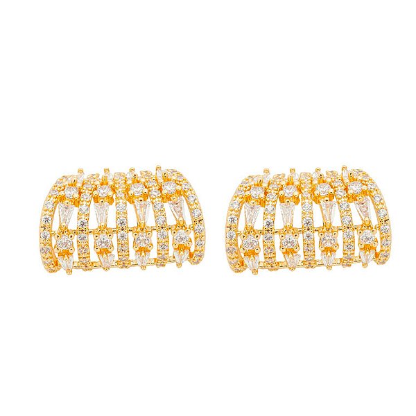 Brinco Curvado Nove Linhas Baguettes Banho de Ouro 18k