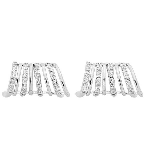 Brinco Curvado Oito Linhas Banho de Ródio Branco