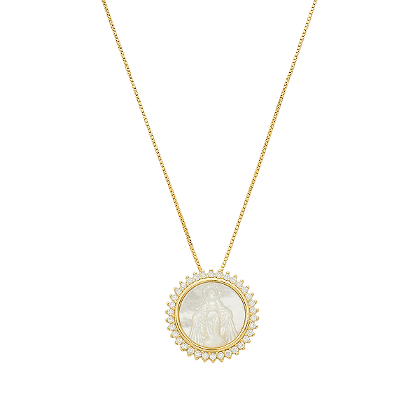 Colar Mira Nossa Senhora das Graças Entorno Cravejado Banho de Ouro 18k