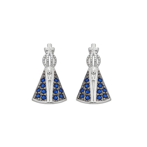 Brinco Pequeno Nossa Senhora Aparecida Zircônia Azul Banho de Ródio Branco