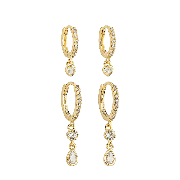 Duo Argolas Penduricalhos Gota e Coração Banho de Ouro 18k