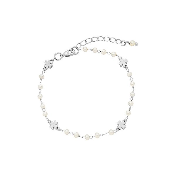 Pulseira Mira Mini Pérolas Trevo Banho de Ródio Branco