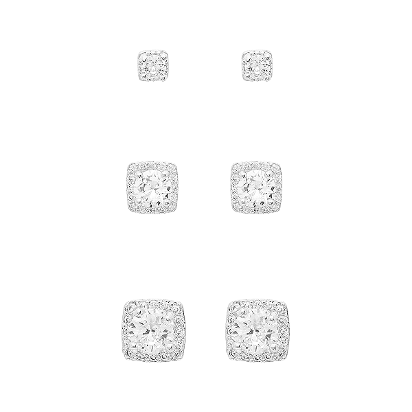 Trio de Brincos Quadrados Cravejados Incolor Banho de Ródio Branco