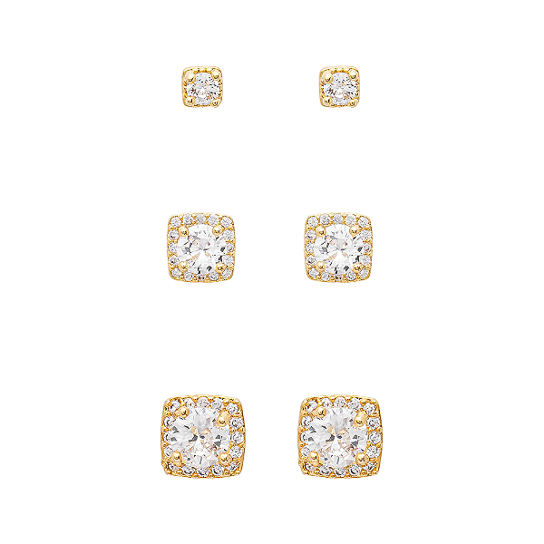Trio de Brincos Quadrados Cravejados Incolor Banho de Ouro 18k