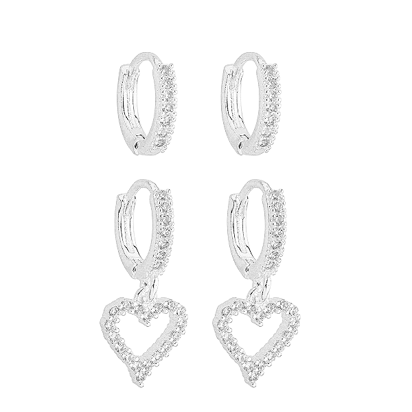 Duo Argola Penduricalho Coração Cravejado Banho de Ródio Branco