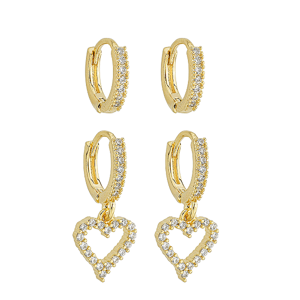 Duo Argola Penduricalho Coração Cravejado Banho de Ouro 18k