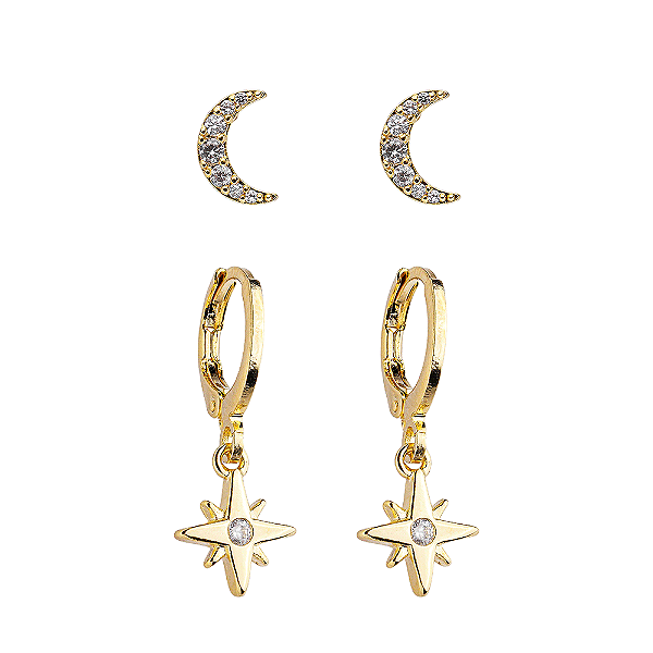 Duo Argola Estrela Brinco Lua Banho de Ouro 18k