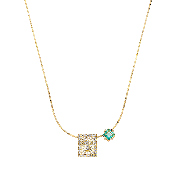 Colar Cruz Cravejado Zircônia Turmalina Banho de Ouro 18k