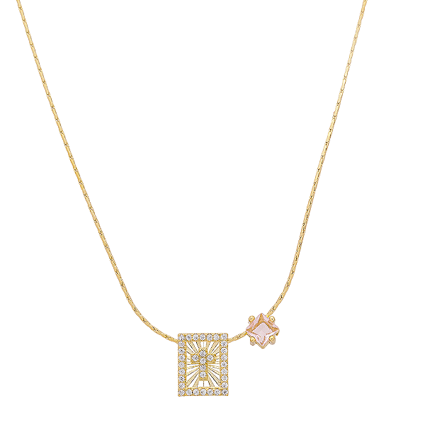 Colar Cruz Cravejado Zircônia Rosa Banho de Ouro 18k