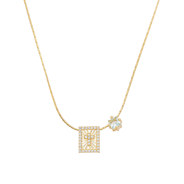 Colar Cruz Cravejado Zircônia Sky Blue Banho de Ouro 18k