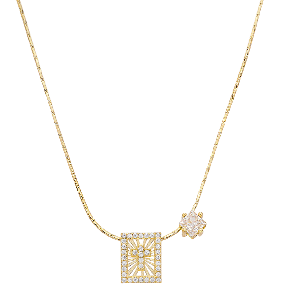 Colar Cruz Cravejado Zircônia Incolor Banho de Ouro 18k