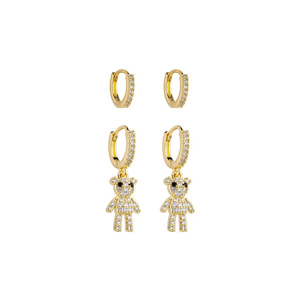 Duo Argola Urso Cravejado Incolor Banho de Ouro 18k
