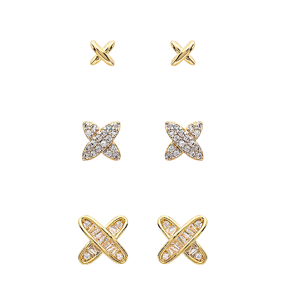 Trio Brincos X Zircônia Incolor Banho de Ouro 18k