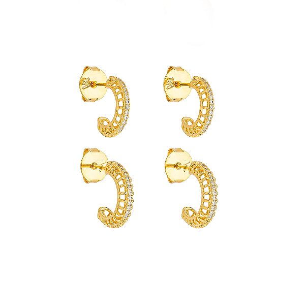 Duo Argolas Vazadas Cravejada Incolor Banho de Ouro 18k