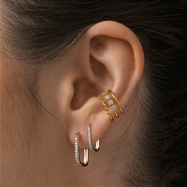 Duo Argolas Retangulares Zircônia Incolor Banho de Ouro 18k